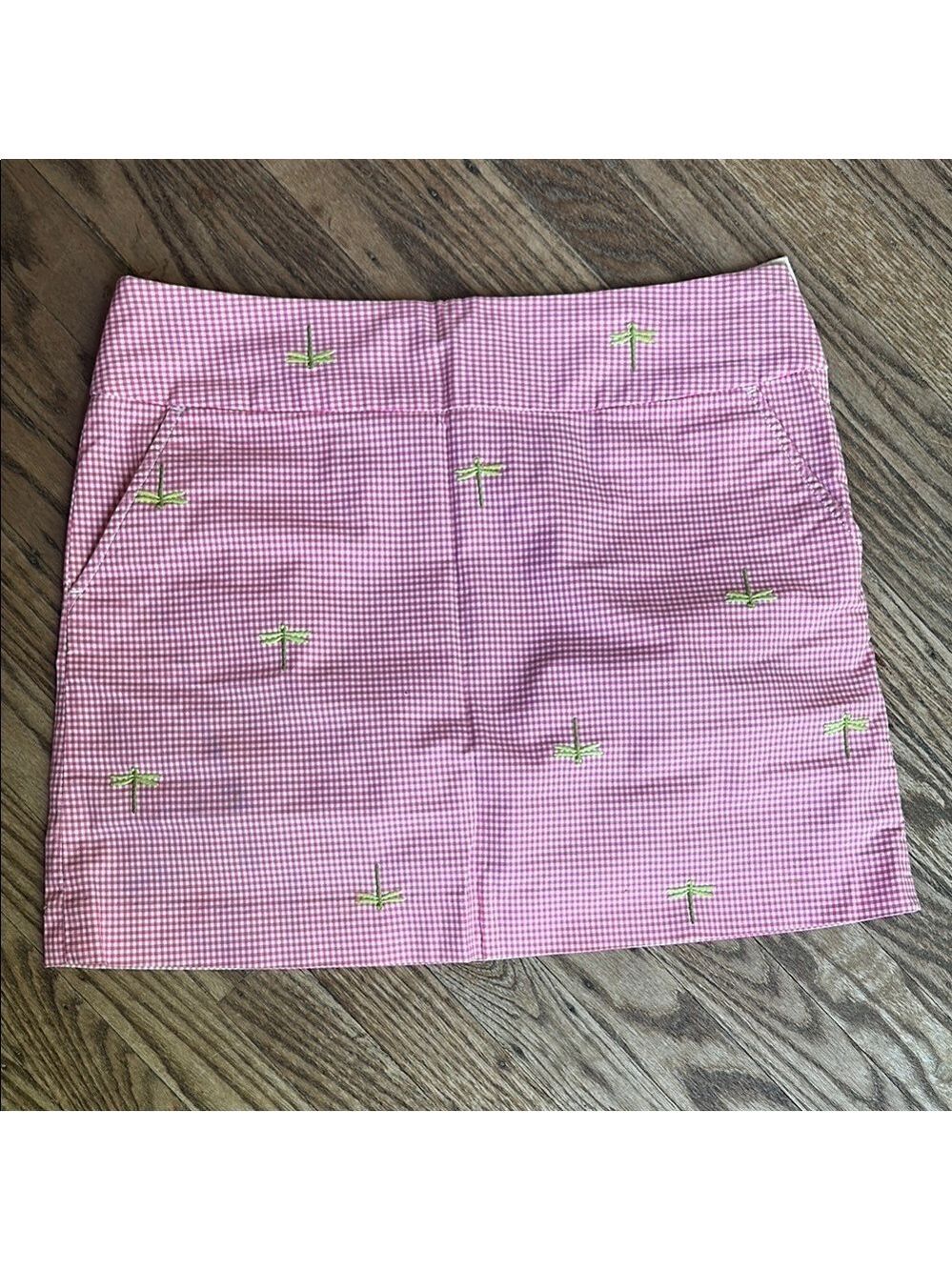 J crew Pink gingham miniskirt green dragonflies pockets, side zipper size 4 EUC